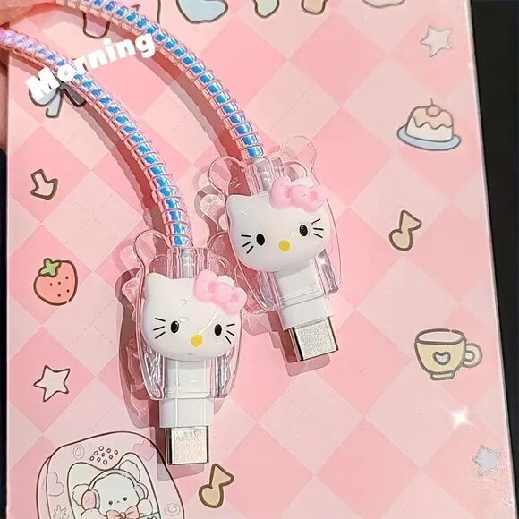Cute Kawaii Hello Kitty Cat Pink Glitter USB Charger Cable Protector - Picture 4 of 5